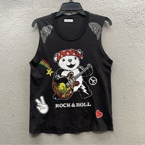 Lauren Moshi Women’s XS Black Rock & Roll Graphic Print Sleeveless Top Studded